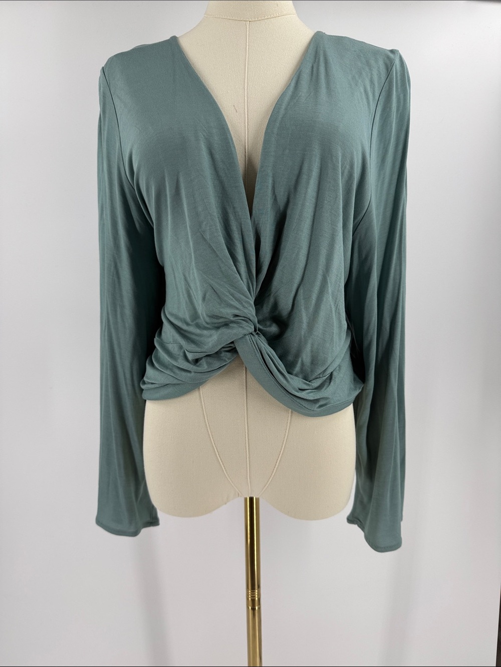 Twist-Front Long Sleeve V-Neck Top - Sage Green